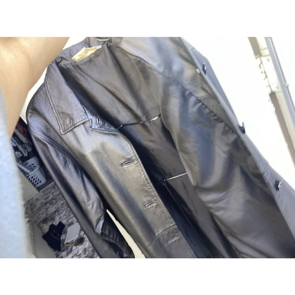 Newport News Long Black Leather Button Up Trench coat Jacket Size 1X Womans vntg - Picture 10 of 11